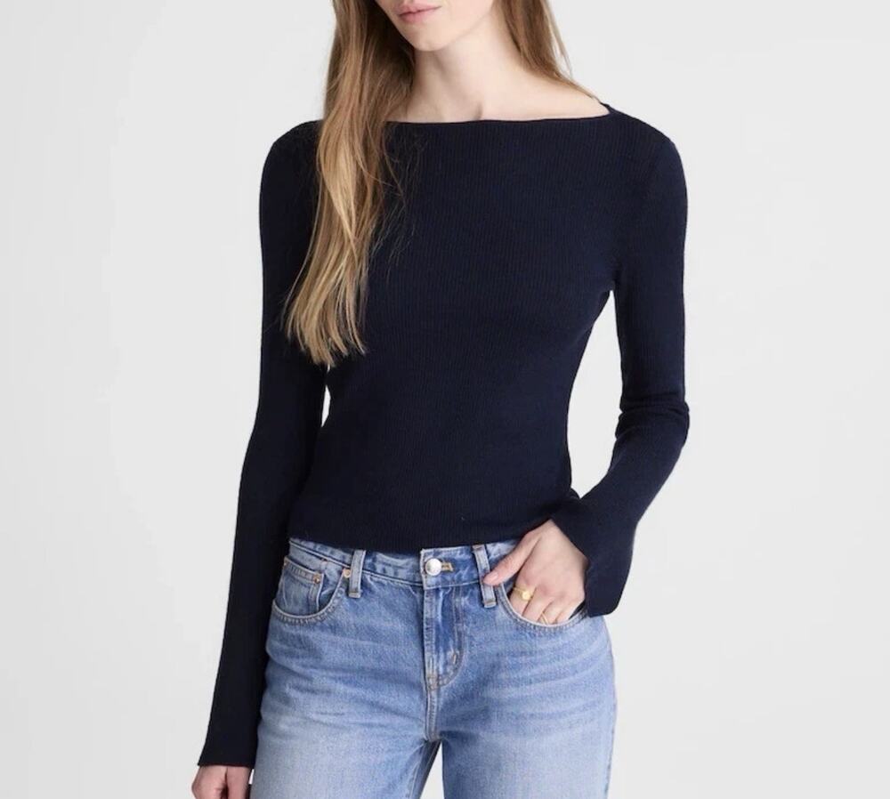 Madewell Womens XXS Blue Merino Wool Silk Blend Boatneck Flare Sleeve Sweater